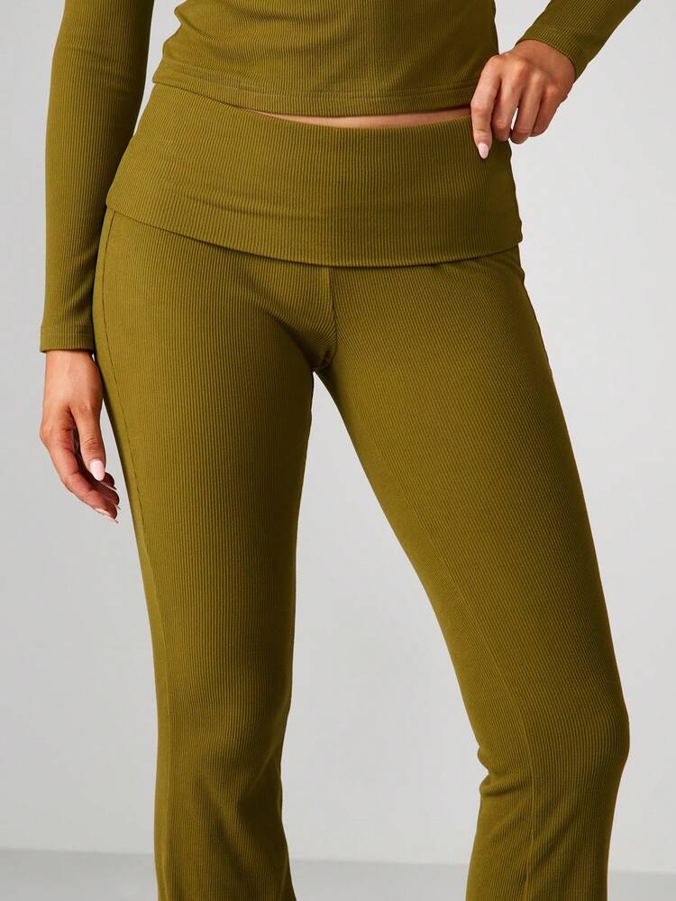 MISSGUIDED Ribbed Foldover Waistband Flare Pants For Women Fall Winter Casual Comfort Stretch