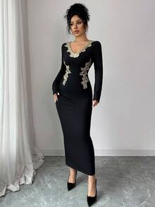 Elenzga Đầm ôm sát tay dài cổ chữ V màu trơn viền ren vàng thanh lịch dành cho nữ, thích hợp cho các buổi tiệc tùng, hẹn hò, tiệc tùng, đi làm, mặc hàng ngày, mùa thu/đông, đầm dài viền ren vàng dành cho nữ, đầm dài tay dành cho nữ - màu đen - Xem 5