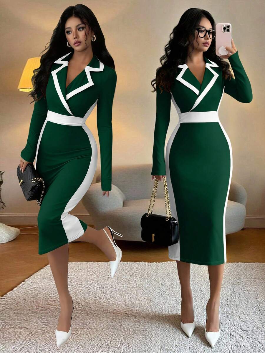 Elenzga 女士优雅撞色西装领修身长袖小黑裙，秋冬款 - 墨綠色 - 查看 1