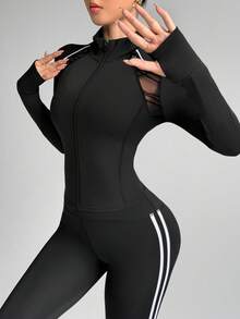 Dewbera Women's Autumn Raglan Sleeve Mesh Patchwork Fitted Thumb Hole Sports Jacket Black Workout Jacket Curvy Workout Top - Black - View 4