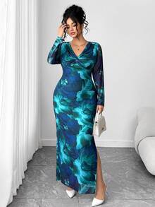 Elenzga 大码女士优雅扭结V领花卉网纱紧身连衣裙 - 彩色 - 查看 6