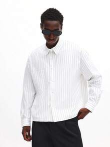 SUMWON 条纹长袖衬衫，常规领，商务休闲办公穿着，男士条纹衬衫，宽松男士正装衬衫，纯色男士长袖衬衫 - 白色 - 查看 5