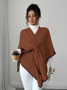 Elenzga 女士新款秋冬单件时尚披肩领开衩斗篷奢华休闲日常针织开衫 - 紫紅色 - 查看 6