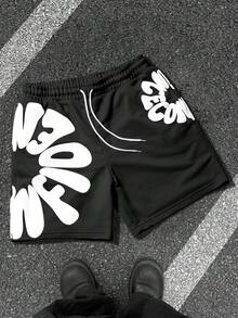 SLATEMANN 男士字母印花抽绳腰休闲宽松短裤 - 黑色 - 查看 5