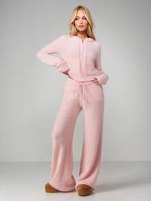 Missguided x Playboy Quần chạy bộ ống rộng dệt kim mềm mại có dây rút cho trang phục mặc nhà ấm áp và thoải mái trong mùa đông - Hồng - Xem 3