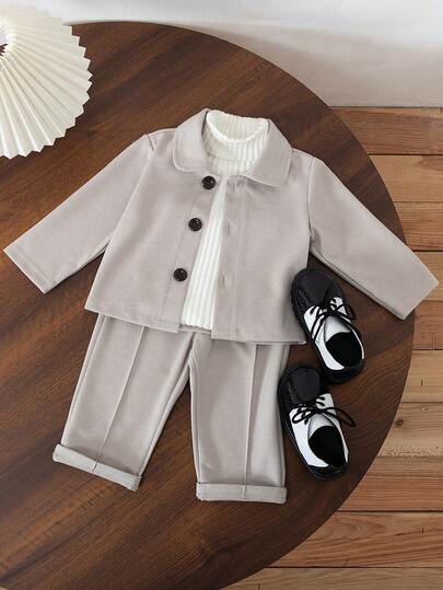 SHEIN 2pcs Baby Boy Elegant Formal Gentleman Outfit Set: Lapel Single-Breasted Top And Elastic Waist Casual Pants, Suitable For Autumn/Winter, 6 Months To 3 Years Old, Fashion Outfit For Competition, Performance, Wedding, Party, Photography, Outdoor, Back To School Season