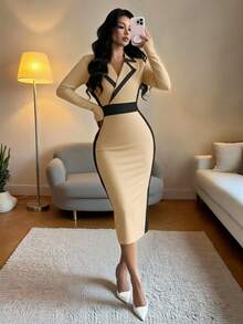 Elenzga Váy đen ngắn tay dáng ôm bó sát cổ bẻ màu tương phản thanh lịch dành cho nữ, mùa thu/đông - Màu Khaki - Xem 7