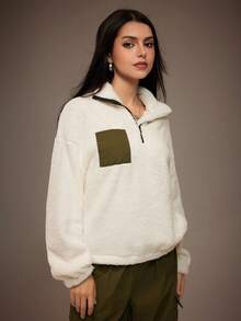 Sparklyn 少女休闲街头抓绒卫衣和工装裤套装，加厚保暖秋冬校园装 - 軍綠色 - 查看 4