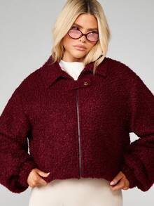 MISSGUIDED Oversized Wool Look Bomber Jacket With Ribbed Collar And Cuffs Fall Winter Outerwear Christmas - Burgundy - View 1
