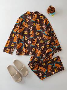 SCOOBY-DOO X SHEIN Bộ đồ ngủ in hình chó Hamburger hoạt hình cho bé trai tuổi teen, thu/đông - Cà phê nâu - Xem 2