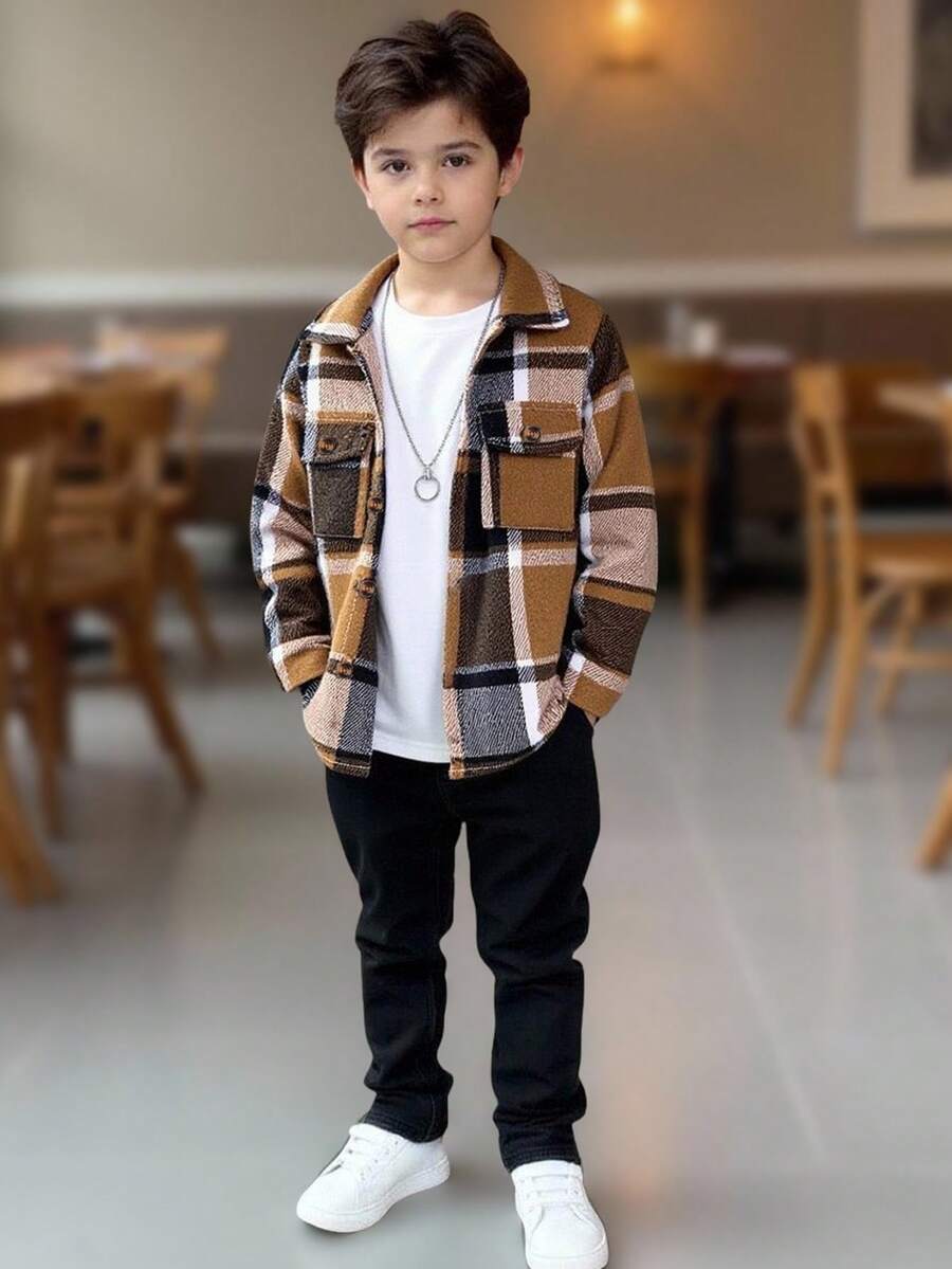 1pc Young Boy Casual Plaid Front Flap Pocket Shacket, Suitable For 4-7 Years Old Boys To Wear For Outings And School In Winter, Autumn And Spring - Yellow - View 1