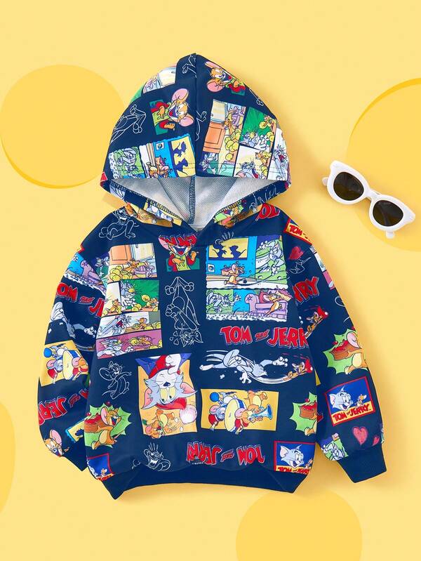 TOM & JERRY X SHEIN Sudadera con capucha informal para niño con estampado de dibujos animados en toda la prenda, otoño