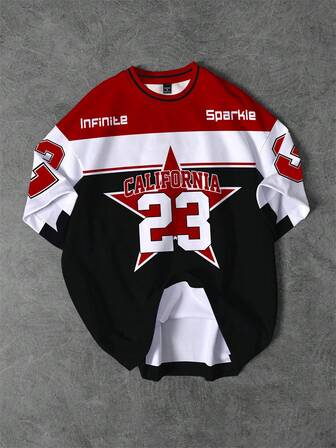 Aesthetic Post Camiseta deportiva de cuello redondo con patrón de 23 estrellas de California, camiseta de cuello redondo casual deportiva de estilo retro y clásico en bloque de color negro, blanco y rojo para hombre