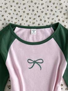SHEIN 少女休闲撞色圆领长袖上衣 - 粉色 - 查看 5