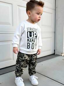 SHEIN 2 pièces/Set Sweat-shirt-shirt ample à imprimé graffiti lettres pour jeune garçon et pantalon de sport à cordon de serrage avec imprimé camouflage, épais et brossé pour l'hiver