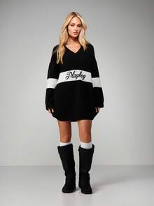 Missguided x Playboy Oversized V-Neck Knit Sweater Dress With Logo Print Long Sleeve Mini Dress Fall Winter Casual Wear - Black - View 3