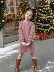 SHEIN Emery Rose Kids 少女优雅粉色珍珠灯笼袖长袖连衣裙，蓬松柔软，保暖舒适，适合姐妹装，秋冬季 - 粉色 - 查看 11