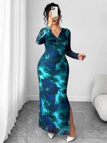 Elenzga 大码女士优雅扭结V领花卉网纱紧身连衣裙 - 彩色 - 查看 5