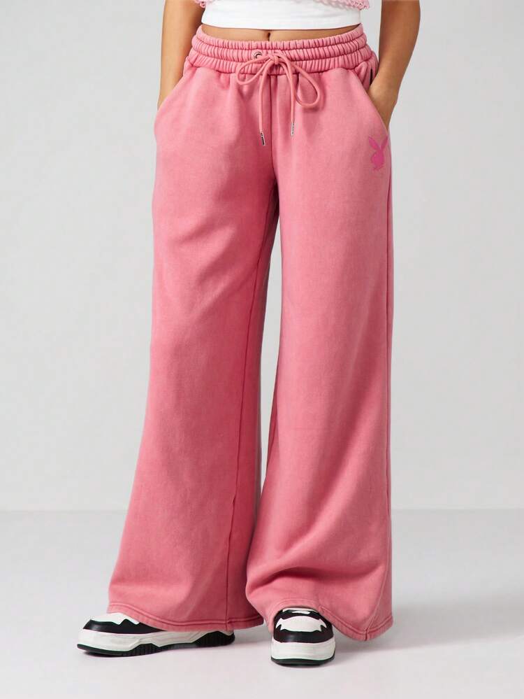 Missguided x Playboy Pantalones de chándal de pierna ancha y sobredimensionados para mujeres - Pantalones de chándal de algodón lavado casual con cintura con cordón y bolsillos laterales - Pantalones de salón de ajuste holgado