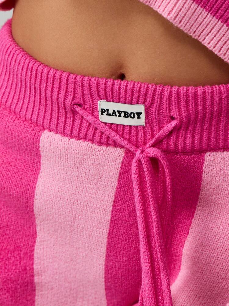 Missguided x Playboy Women Knitted Shorts With Vertical Stripes And Cursive Script Embroidery Perfect For Spring Summer Loungewear