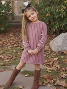 SHEIN Emery Rose Kids 少女优雅粉色珍珠灯笼袖长袖连衣裙，蓬松柔软，保暖舒适，适合姐妹装，秋冬季 - 粉色 - 查看 4