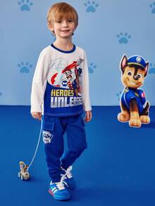 SHEIN | PAW Patrol 2pcs/Set Young Boy Cartoon Dog Graphic Knit Contrast Collar Long Sleeve T-Shirt And Cuffed Pocket Sweatpants, Autumn/Winter - Blue - View 2