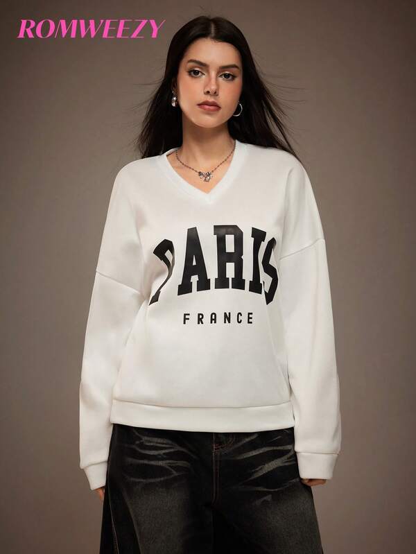 Teenager Mädchen Lässiges Sweatshirt mit Buchstaben-Muster, Oversized Passform, Herbst/Winter, Drop-Shoulder