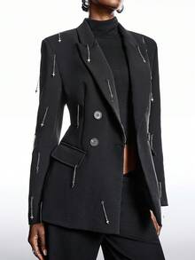 LYSMO 2025 极简主义冬季派对女士翻领长袖链条装饰双排扣收腰西装外套/圣诞节/女士圣诞节/圣诞节/新年/新年/感恩节/返校季/返校节/2000年代风格/Y2K女装/街头服饰