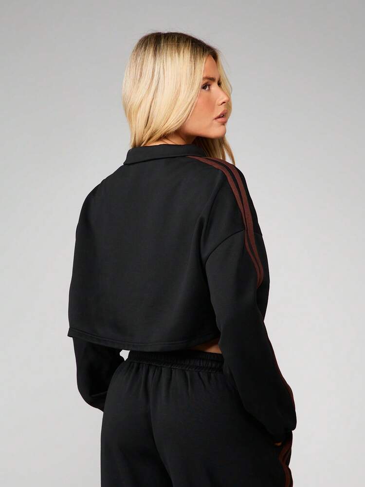MISSGUIDED Full Zip Collared Sweatshirt With Side Stripe Detail Pullover Jacket For Women Long Sleeve Cropped Style
