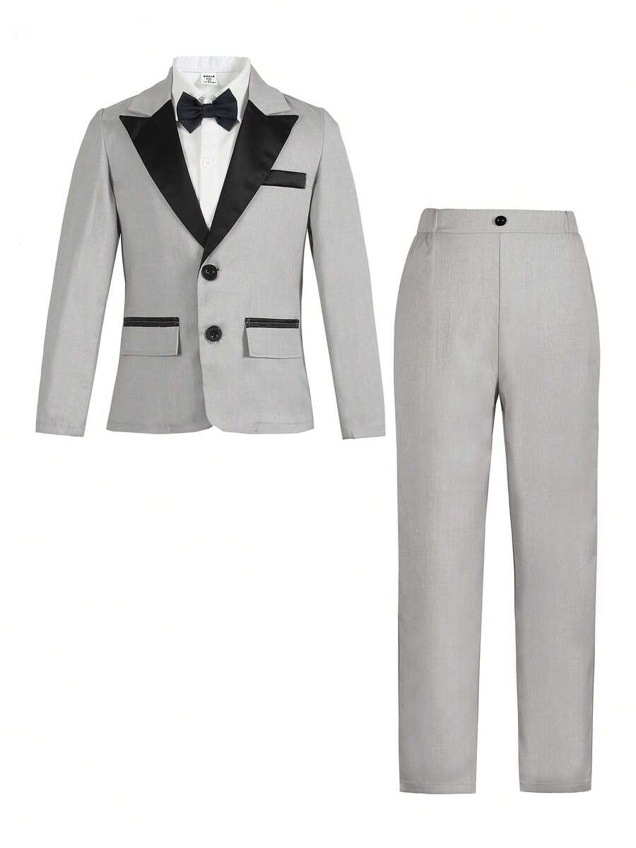 SHEIN Tween Boy Gentleman 2 Pieces Set: Minimalist Blazer Jacket + Trousers + Necktie, Formal Outfit For Birthday Party, Wedding, Graduation, Anniversary Celebration