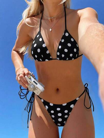 Swim Mod 2026 Vår/Sommar Dam Bikiniset med Prickigt Mönster, Halterneck, Svart, Knytband i Sidan