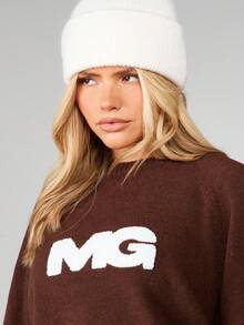 MISSGUIDED 宽松圆领毛衣，饰有品牌标志，长袖套头衫，秋冬舒适针织衫 - 咖啡棕 - 查看 4