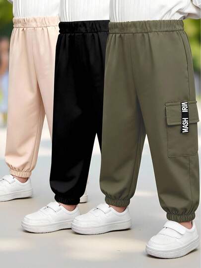 SHEIN Playful Pals 3件套男童休闲工装裤，带口袋和弹性裤脚，舒适百搭，适合外出和街头穿着，秋季必备