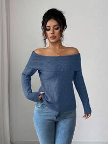 Selianne Top de manga larga ajustado con hombros descubiertos y cuello estilo americano sexy, diseño exclusivo de alta gama, adecuado para otoño/invierno - Dark Blue - Ver 6