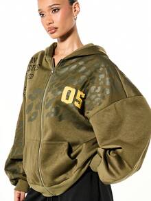 SUMWON Plus Size Camouflage Print Full Zip Hoodie With Drawstring And Front Centre Pocket/Winter - Army Green - View 5
