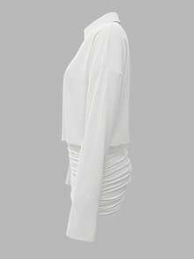 Cévolie Casual Solid Color Long Sleeve Fitted Women Short Dresses - White - View 4