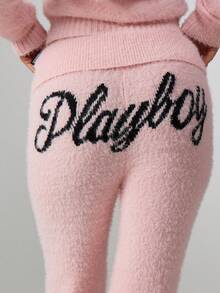 Missguided x Playboy Fluffy Knit Fold Over Waist Flared Yoga Pants With Script Detail - Pink - View 4