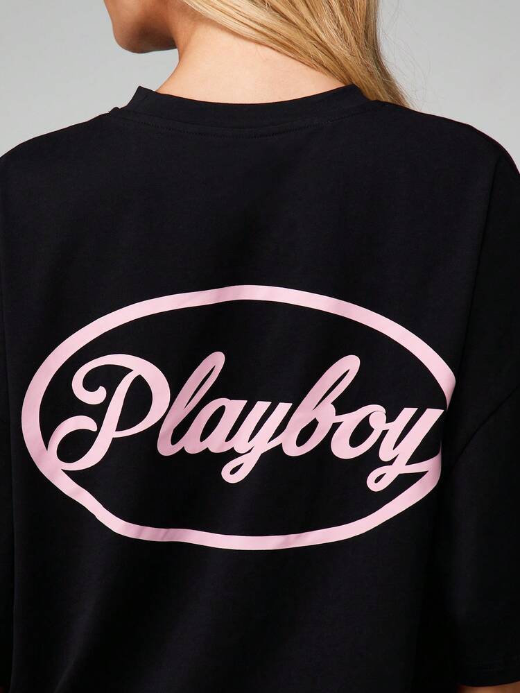 Missguided x Playboy 오버사이즈 크루넥 반팔 스테이트먼트 로고 티 캐주얼 데일리 컴포트 탑