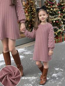 SHEIN Emery Rose Kids 少女优雅粉色珍珠灯笼袖长袖连衣裙，蓬松柔软，保暖舒适，适合姐妹装，秋冬季 - 粉色 - 查看 19