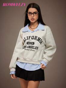 Women's Casual School Style Letter Print 2 In 1 Shirt Collar Sweatshirt, Autumn/Winter - Grey - View 1