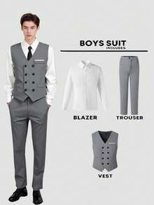 SHEIN 3pcs Teenage Grey Gentleman Suit Set: Blazer Vest,White Shirt,Trousers For Summer Graduation,Piano Performance,Wedding&Formal Occasions - Light Grey - View 7