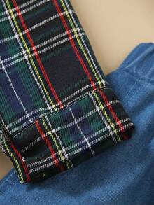 SHEIN 1 Áo sơ mi kẻ sọc kiểu Anh cho bé trai - Kẻ sọc nhiều màu cổ điển + Nơ xanh navy, thích hợp mặc dự tiệc và mặc hàng ngày, Xuân/Thu - màu xanh lá - Xem 4