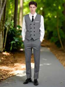 SHEIN 3pcs Teenage Grey Gentleman Suit Set: Blazer Vest,White Shirt,Trousers For Summer Graduation,Piano Performance,Wedding&Formal Occasions - Light Grey - View 1