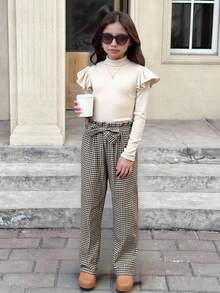 SHEIN Tween Girl 3 PiecesElegant Set: Ruffle Trim T-Shirt, Plaid Print Pants, And Hat - Khaki - View 1