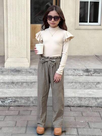 SHEIN Tween Girl 3 PiecesElegant Set: Ruffle Trim T-Shirt, Plaid Print Pants, And Hat