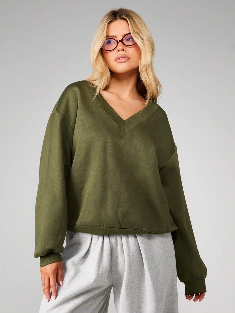 MISSGUIDED Oversized V Neck Sweatshirt For Women Casual Pullover Top Relaxed Fit Long Sleeve Fall Winter Comfort Wear