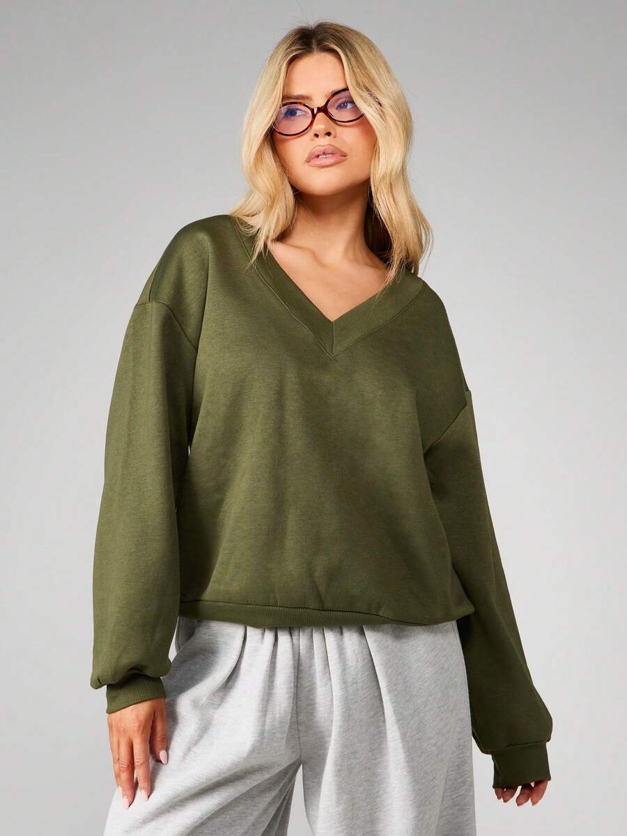 MISSGUIDED Oversized V Neck Sweatshirt For Women Casual Pullover Top Relaxed Fit Long Sleeve Fall Winter Comfort Wear - Olive Green - View 1