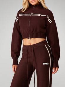 MISSGUIDED 罗纹针织阔腿直筒裤，侧边条纹细节，抽绳腰带 - 咖啡棕 - 查看 4