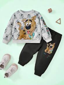 SCOOBY-DOO X SHEIN 2pcs Baby Boy Cartoon Puppy & Letter Graphic Casual Long Sleeve Sweatshirt And Pants Sports Outfit Baby Tracksuit - Grey - View 1