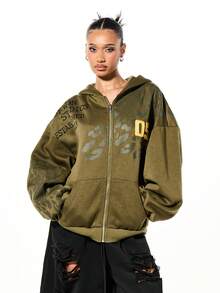 SUMWON Plus Size Camouflage Print Full Zip Hoodie With Drawstring And Front Centre Pocket/Winter - Army Green - View 1